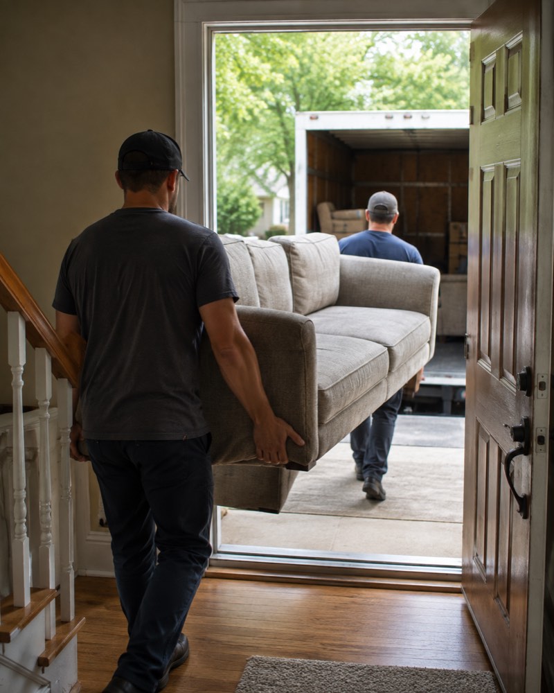crew carrying a sofa during furniture removal in Rockford IL